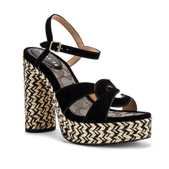 Coach 9.5 Women Black Suede Ankle Strap Block Heel Raffia Platform Talina Sandal - Picture 1 of 13